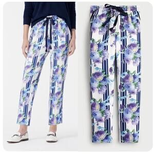 J CREW Ivory Blue Drapey Pull-on Pant Vintage Floral Stripe Pockets AW753 XS 0